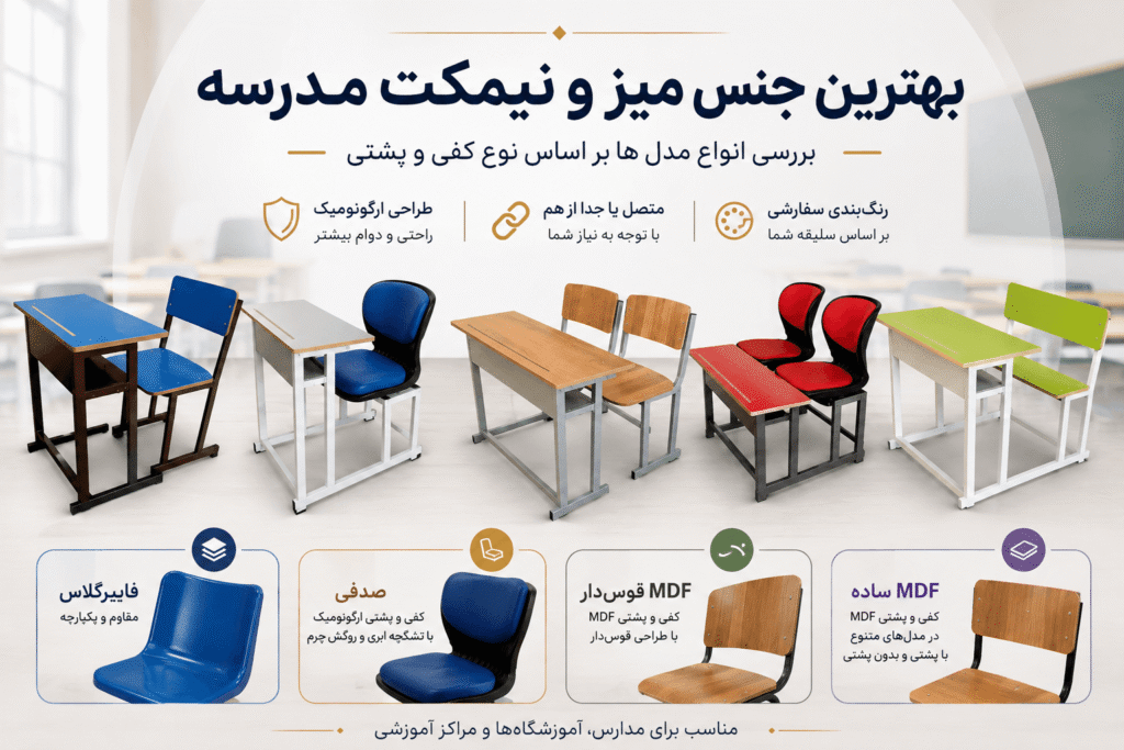 انتخاب بهترین جنس میز و نیمکت مدرسه به نوع کفی و پشتی، راحتی، دوام و نوع استفاده بستگی دارد. در این مقاله مدل‌های فایبرگلاس، صدفی، MDF قوس‌دار و MDF ساده را بررسی می‌کنیم.