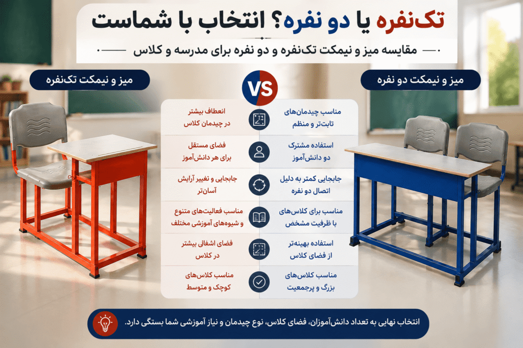 تفاوت میز و نیمکت تک‌نفره و دو نفره در یک نگاه